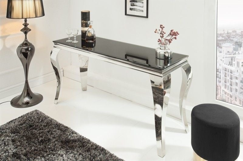 Table console élégante MODERN BAROQUE 145cm verre opale noir pieds inox - 36545