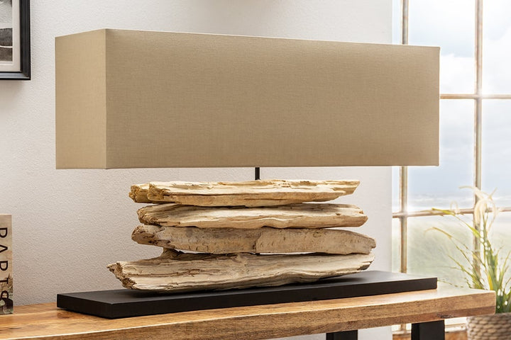 Lampe de table faite main RIVERINE 80 cm base beige en bois flotté avec abat-jour en lin - 17326