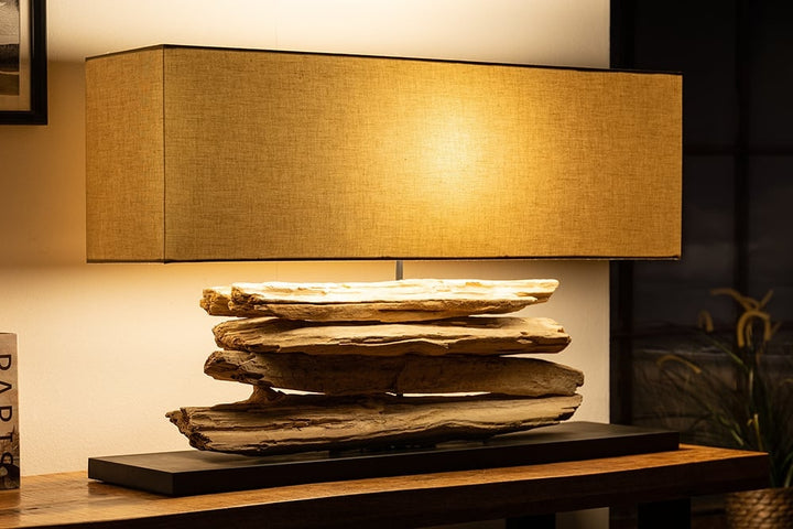 Lampe de table faite main RIVERINE 80 cm base beige en bois flotté avec abat-jour en lin - 17326