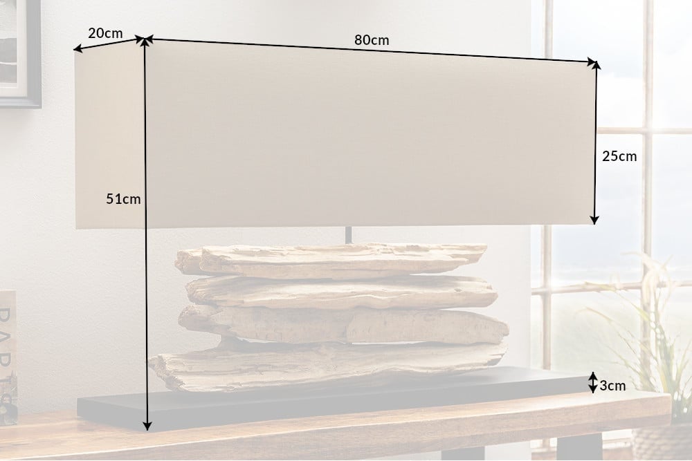 Lampe de table faite main RIVERINE 80 cm base beige en bois flotté avec abat-jour en lin - 17326