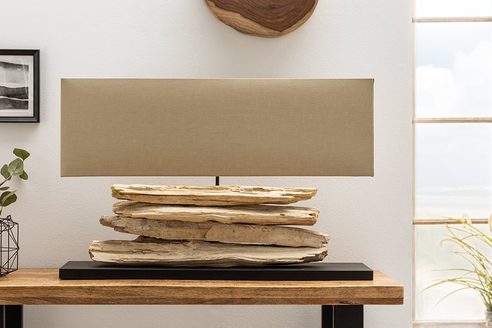 Lampe de table faite main RIVERINE 80 cm base beige en bois flotté avec abat-jour en lin - 17326