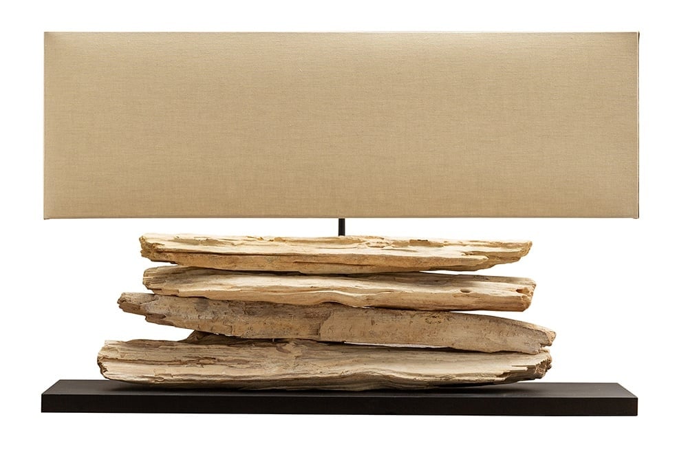 Lampe de table faite main RIVERINE 80 cm base beige en bois flotté avec abat-jour en lin - 17326