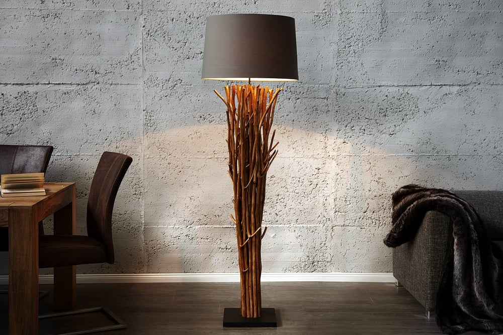 Lampadaire design en bois flotté EUPHORIA 180cm gris avec abat-jour en lin - 19472