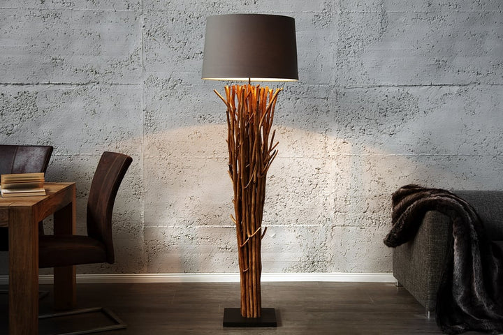Lampadaire design en bois flotté EUPHORIA 180cm gris avec abat-jour en lin - 19472