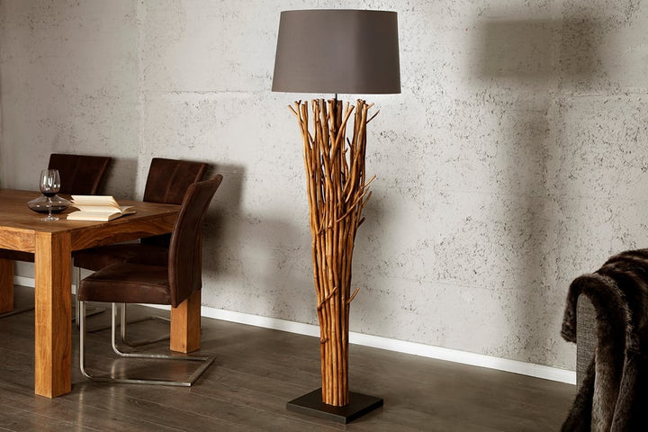 Lampadaire design en bois flotté EUPHORIA 180cm gris avec abat-jour en lin - 19472