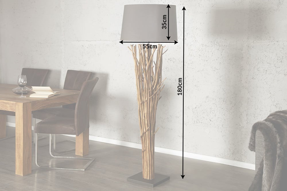 Lampadaire design en bois flotté EUPHORIA 180cm gris avec abat-jour en lin - 19472