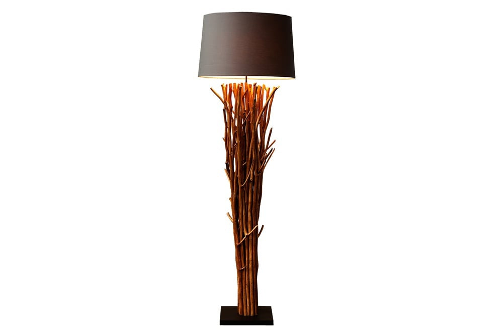 Lampadaire design en bois flotté EUPHORIA 180cm gris avec abat-jour en lin - 19472