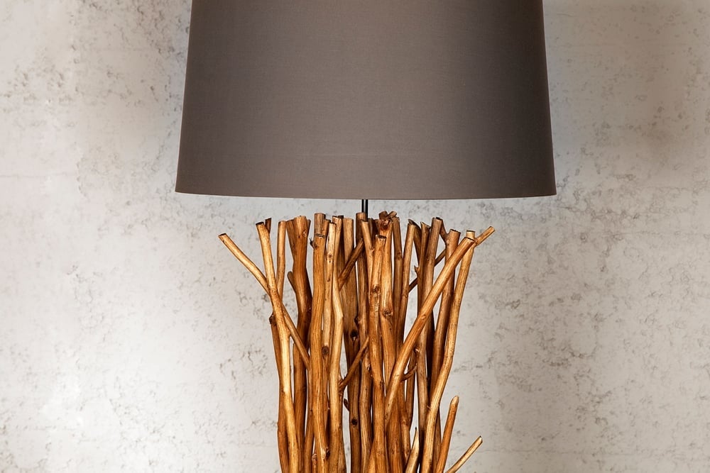 Lampadaire design en bois flotté EUPHORIA 180cm gris avec abat-jour en lin - 19472