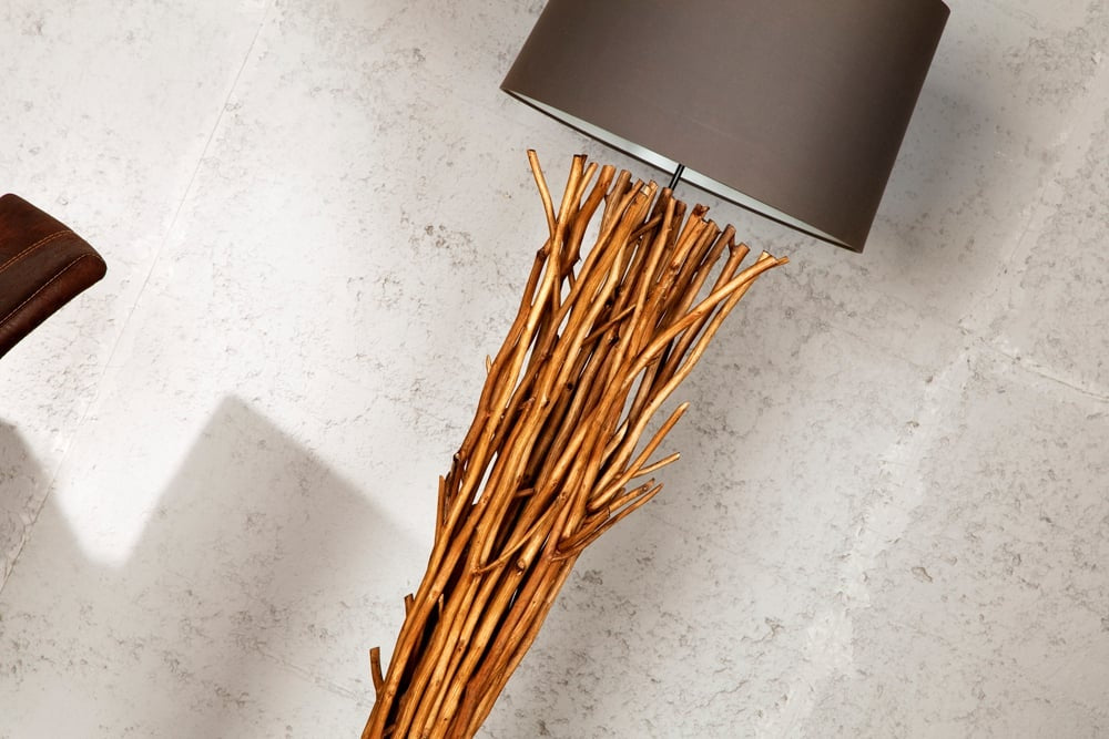 Lampadaire design en bois flotté EUPHORIA 180cm gris avec abat-jour en lin - 19472