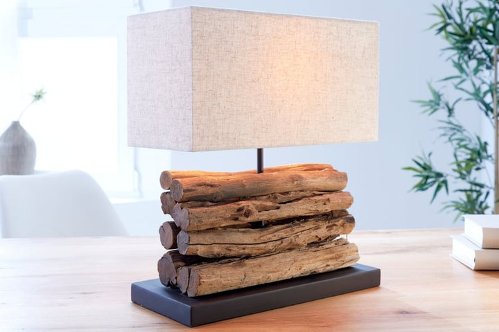 Lampe de table faite main PERIPHERE 40 cm abat-jour en lin bois flotté beige - 19477