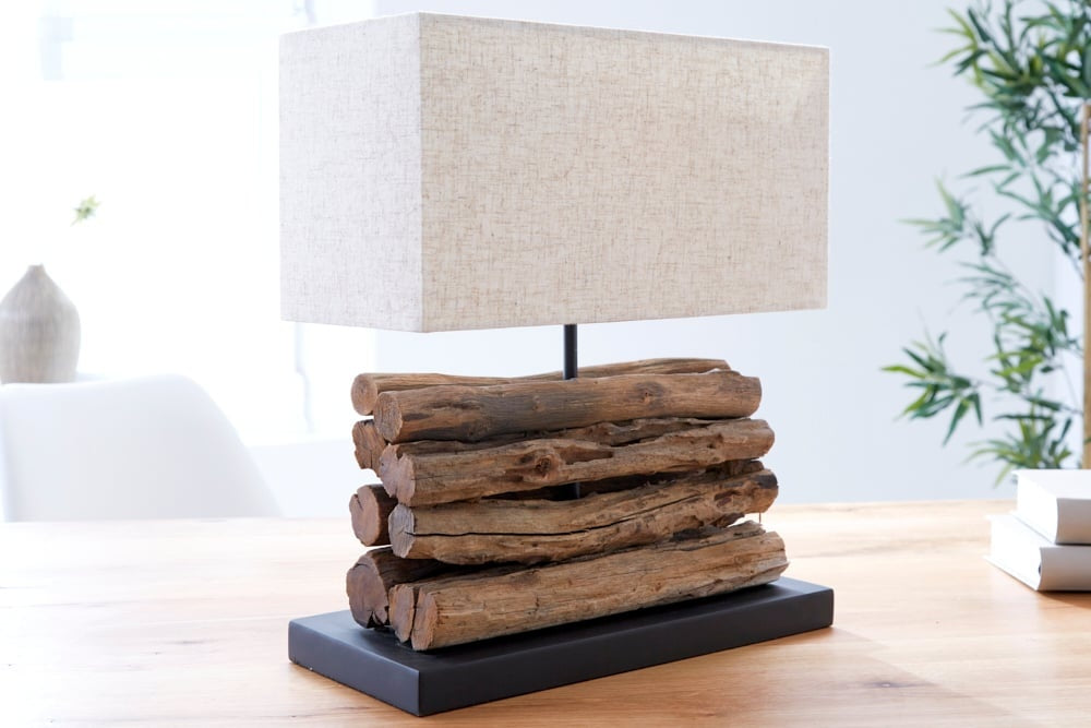 Lampe de table faite main PERIPHERE 40 cm abat-jour en lin bois flotté beige - 19477