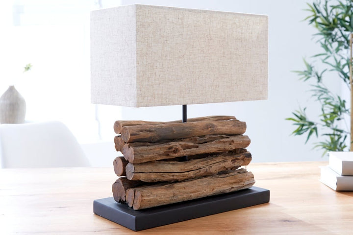 Lampe de table faite main PERIPHERE 40 cm abat-jour en lin bois flotté beige - 19477
