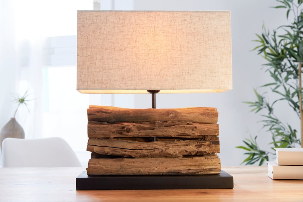 Lampe de table faite main PERIPHERE 40 cm abat-jour en lin bois flotté beige - 19477