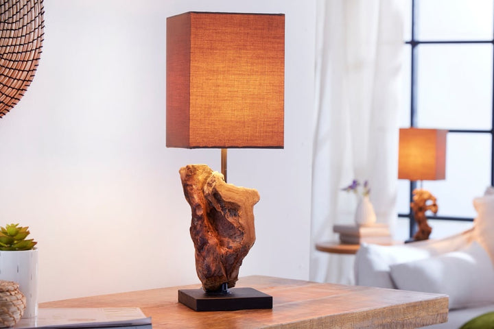 Lampe de table faite main en bois flotté HYPNOTIC 45cm marron avec abat-jour en lin - 19479