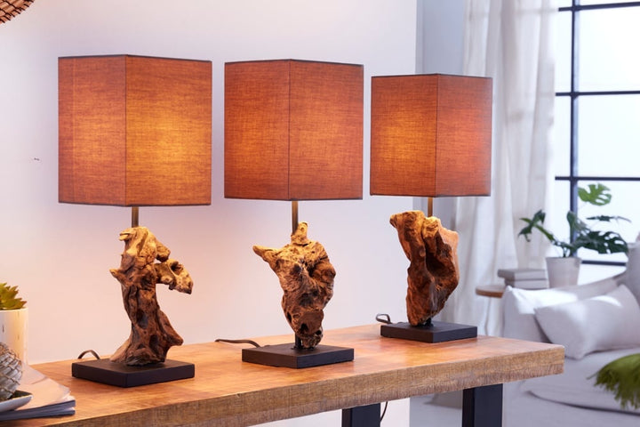 Lampe de table faite main en bois flotté HYPNOTIC 45cm marron avec abat-jour en lin - 19479