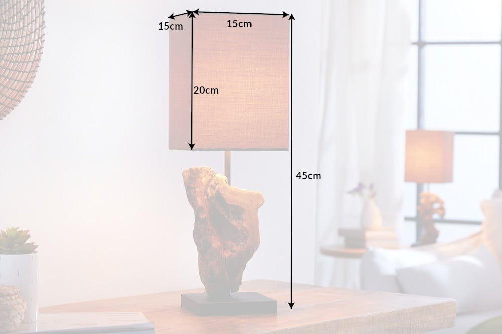 Lampe de table faite main en bois flotté HYPNOTIC 45cm marron avec abat-jour en lin - 19479