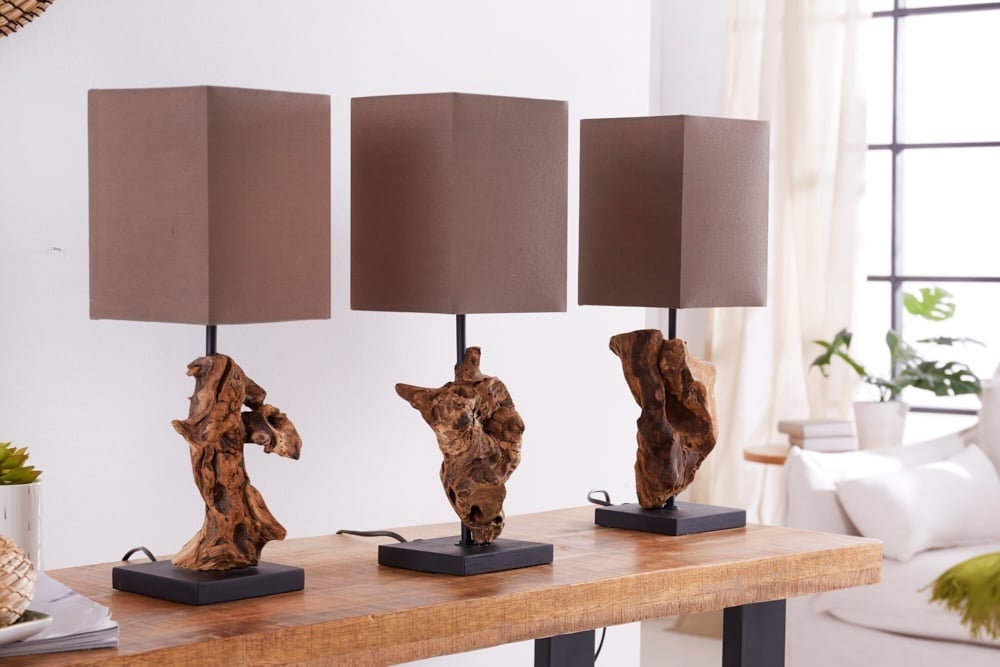 Lampe de table faite main en bois flotté HYPNOTIC 45cm beige avec abat-jour en lin - 19478