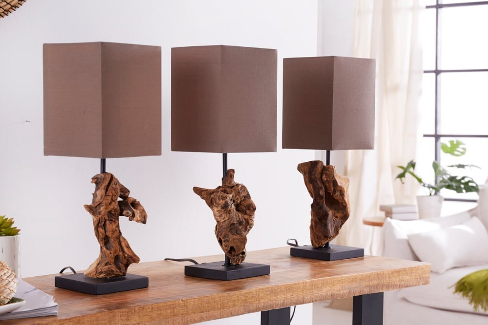 Lampe de table faite main en bois flotté HYPNOTIC 45cm marron avec abat-jour en lin - 19479