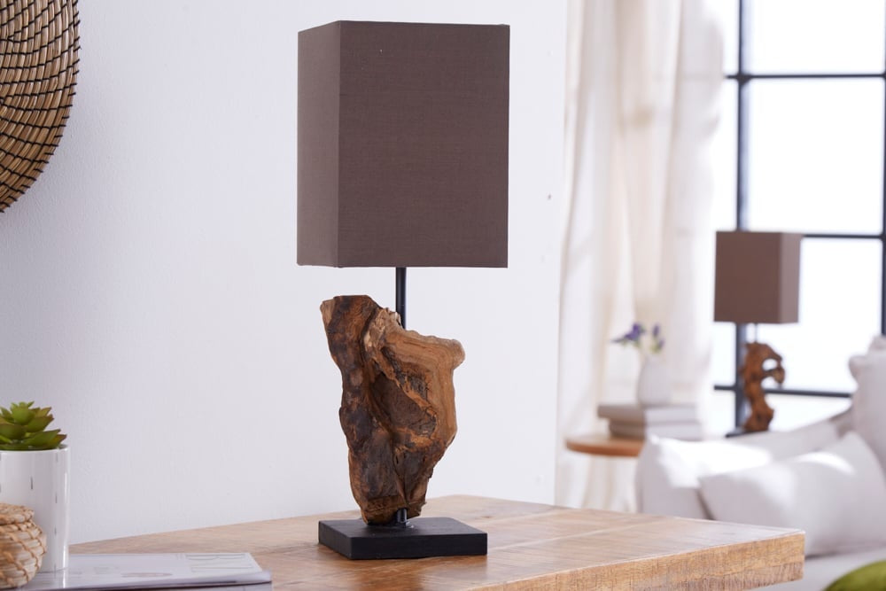 Lampe de table faite main en bois flotté HYPNOTIC 45cm marron avec abat-jour en lin - 19479