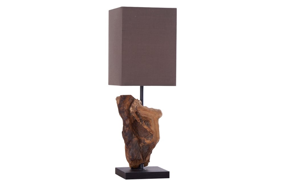 Lampe de table faite main en bois flotté HYPNOTIC 45cm marron avec abat-jour en lin - 19479