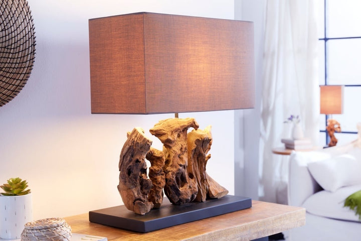 Lampe de table faite main ARAGON 50cm base en bois flotté marron avec abat-jour en lin - 20694