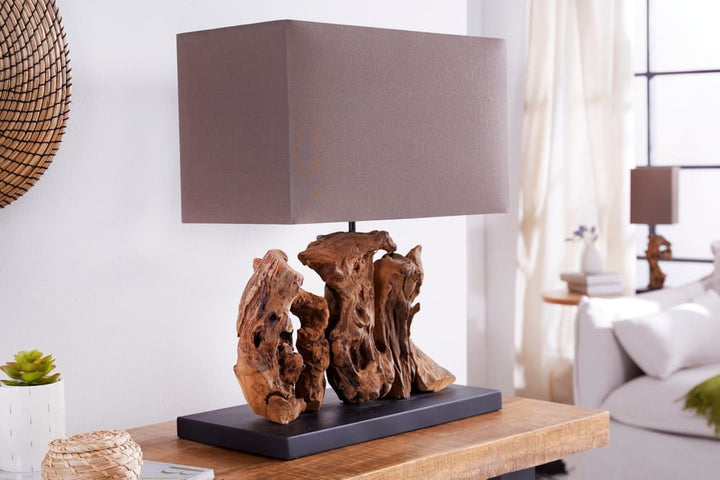 Lampe de table faite main ARAGON 50cm base en bois flotté marron avec abat-jour en lin - 20694