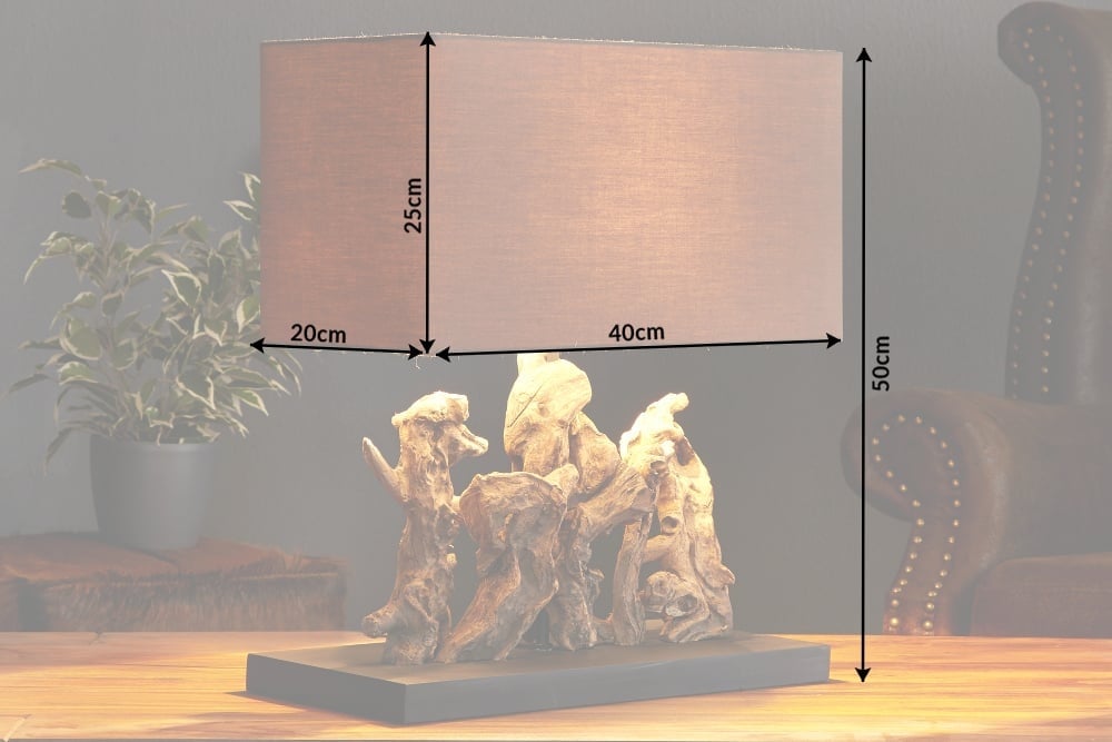 Lampe de table faite main ARAGON 50cm base en bois flotté marron avec abat-jour en lin - 20694