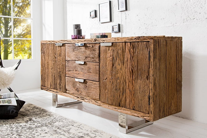 Buffet massif BARRACUDA 160cm teck antique pieds luges acier - 37032