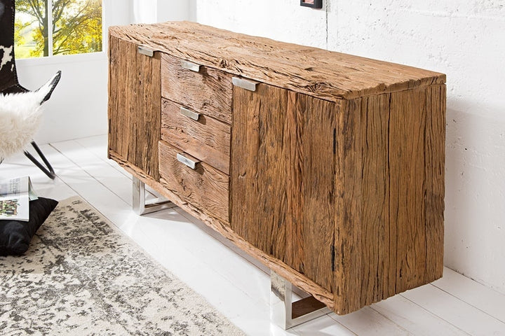 Buffet massif BARRACUDA 160cm teck antique pieds luges acier - 37032