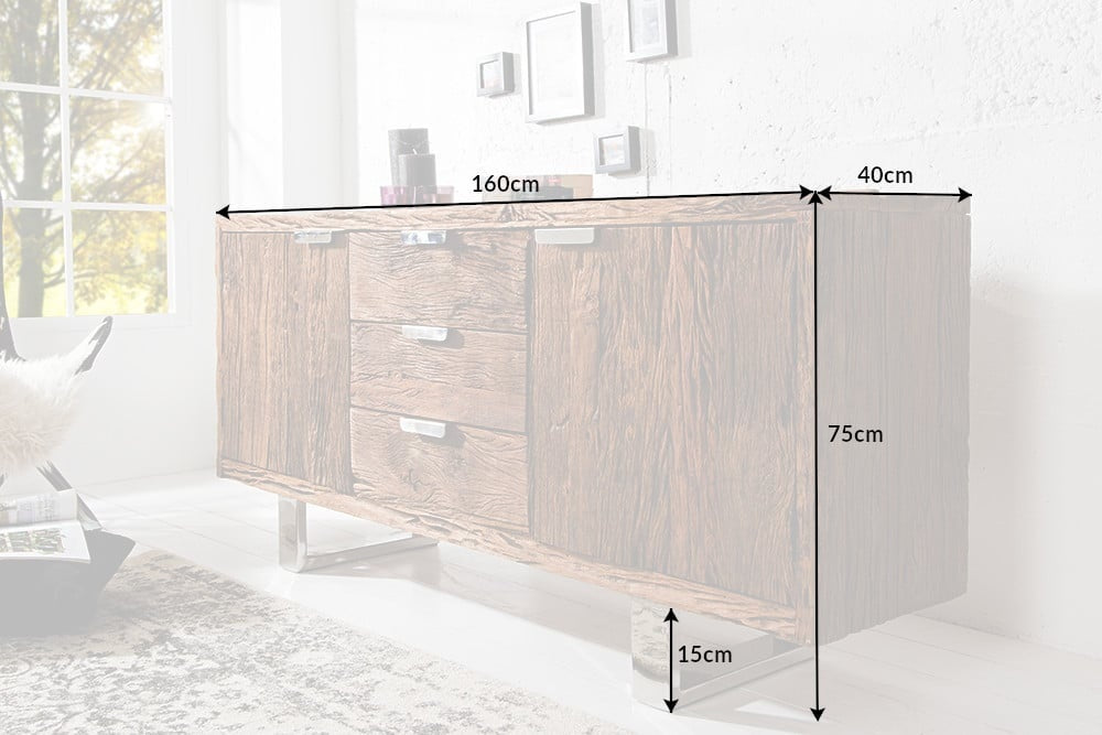 Buffet massif BARRACUDA 160cm teck antique pieds luges acier - 37032