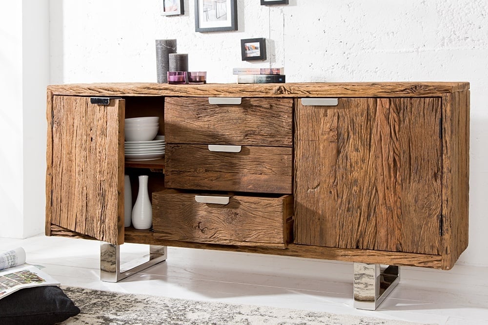 Buffet massif BARRACUDA 160cm teck antique pieds luges acier - 37032