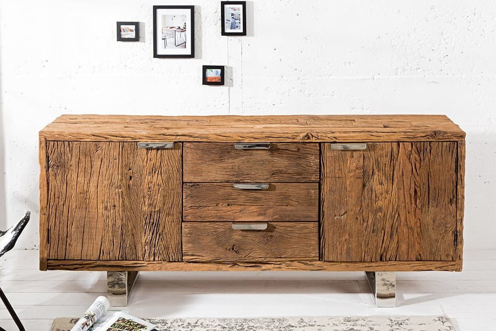 Buffet massif BARRACUDA 160cm teck antique pieds luges acier - 37032