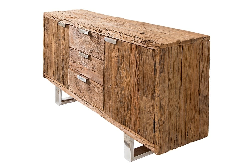 Buffet massif BARRACUDA 160cm teck antique pieds luges acier - 37032