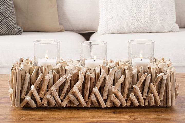Lanterne élégante FOSSIL 50cm bougeoir en bois flotté pour 3 bougies - 38246