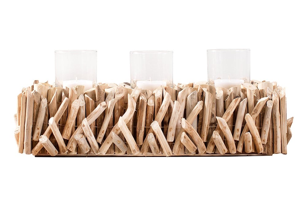 Lanterne élégante FOSSIL 50cm bougeoir en bois flotté pour 3 bougies - 38246