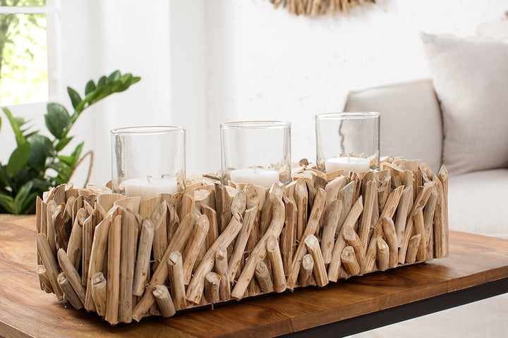 Lanterne élégante FOSSIL 50cm bougeoir en bois flotté pour 3 bougies - 38246