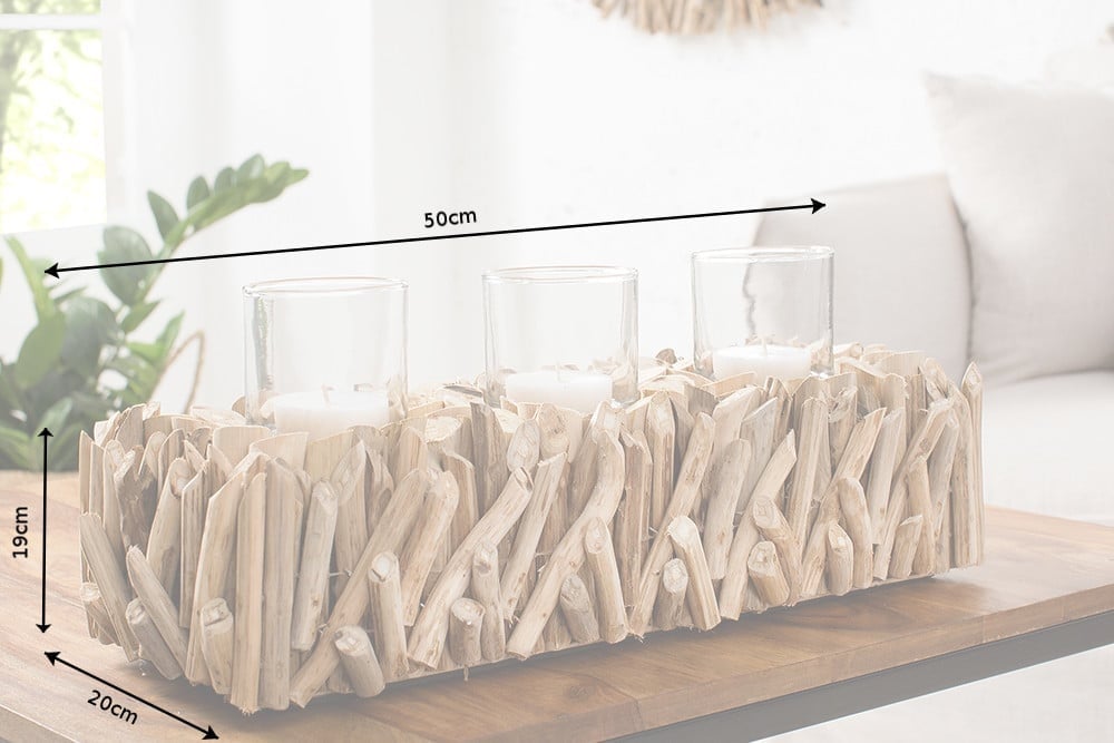 Lanterne élégante FOSSIL 50cm bougeoir en bois flotté pour 3 bougies - 38246