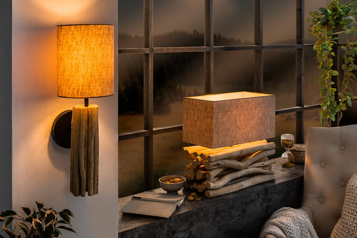 Lampe de table faite main EUPHORIA II en bois flotté naturel avec abat-jour en lin - 39247