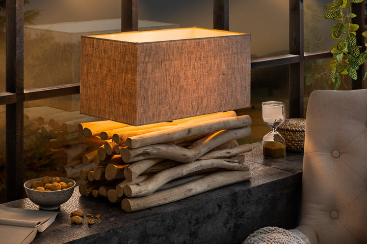 Lampe de table faite main EUPHORIA II en bois flotté naturel avec abat-jour en lin - 39247