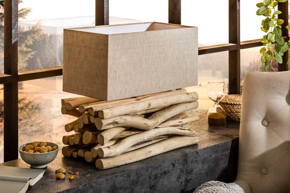 Lampe de table faite main EUPHORIA II en bois flotté naturel avec abat-jour en lin - 39247