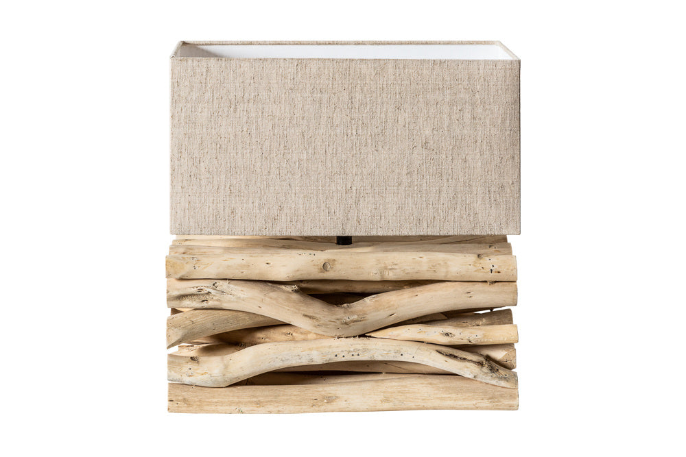 Lampe de table faite main EUPHORIA II en bois flotté naturel avec abat-jour en lin - 39247