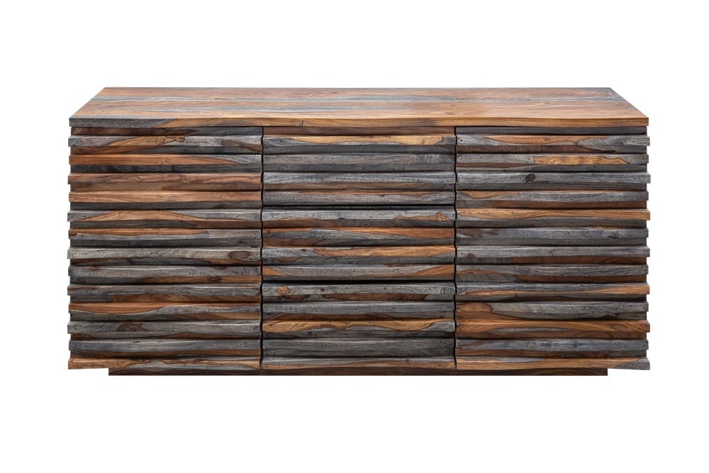 Buffet massif RELIEF 160 cm en bois de Sesham finition gris fumé avec façade détaillée - 39746