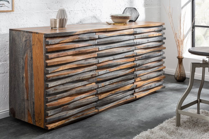 Buffet massif RELIEF 160 cm en bois de Sesham finition gris fumé avec façade détaillée - 39746