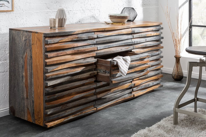 Buffet massif RELIEF 160 cm en bois de Sesham finition gris fumé avec façade détaillée - 39746
