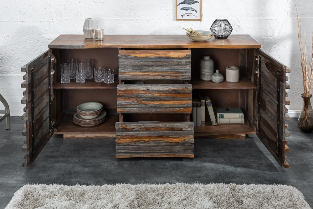 Buffet massif RELIEF 160 cm en bois de Sesham finition gris fumé avec façade détaillée - 39746