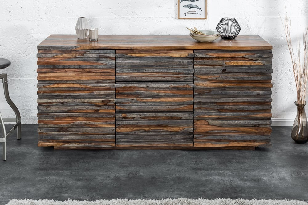 Buffet massif RELIEF 160 cm en bois de Sesham finition gris fumé avec façade détaillée - 39746