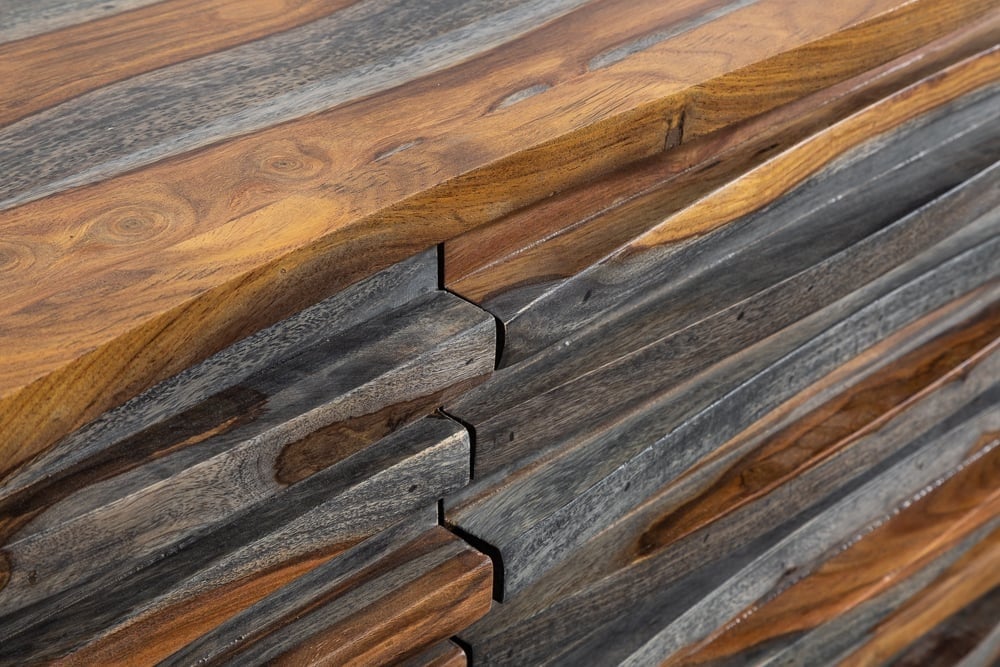 Buffet massif RELIEF 160 cm en bois de Sesham finition gris fumé avec façade détaillée - 39746