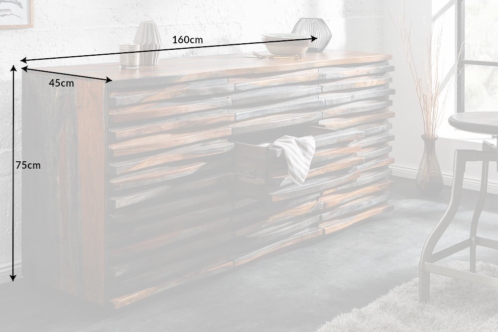 Buffet massif RELIEF 160 cm en bois de Sesham finition gris fumé avec façade détaillée - 39746