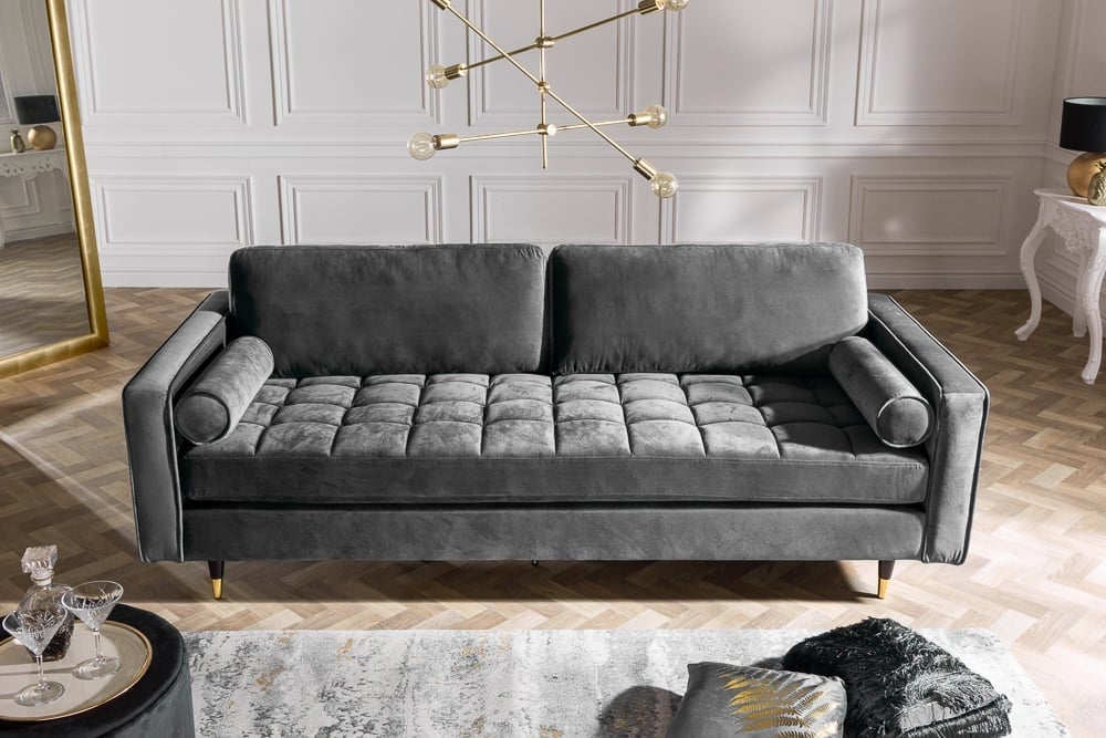 Canapé lounge design 3 places COSY VELVET 220cm âme ressorts en velours gris - 39846