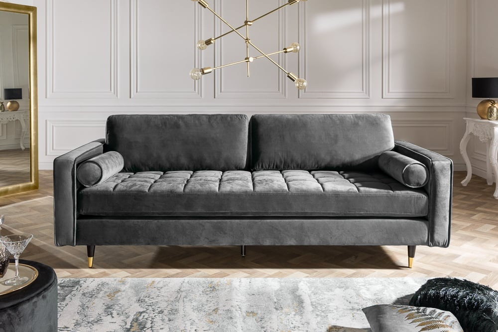 Canapé lounge design 3 places COSY VELVET 220cm âme ressorts en velours gris - 39846